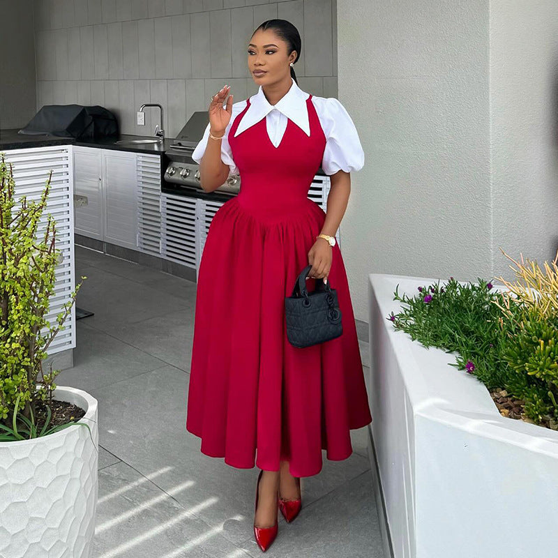 Autumn Elegant Bubble Sleeve Shirt Collar High-Waist Dress Faux Two Pieces
