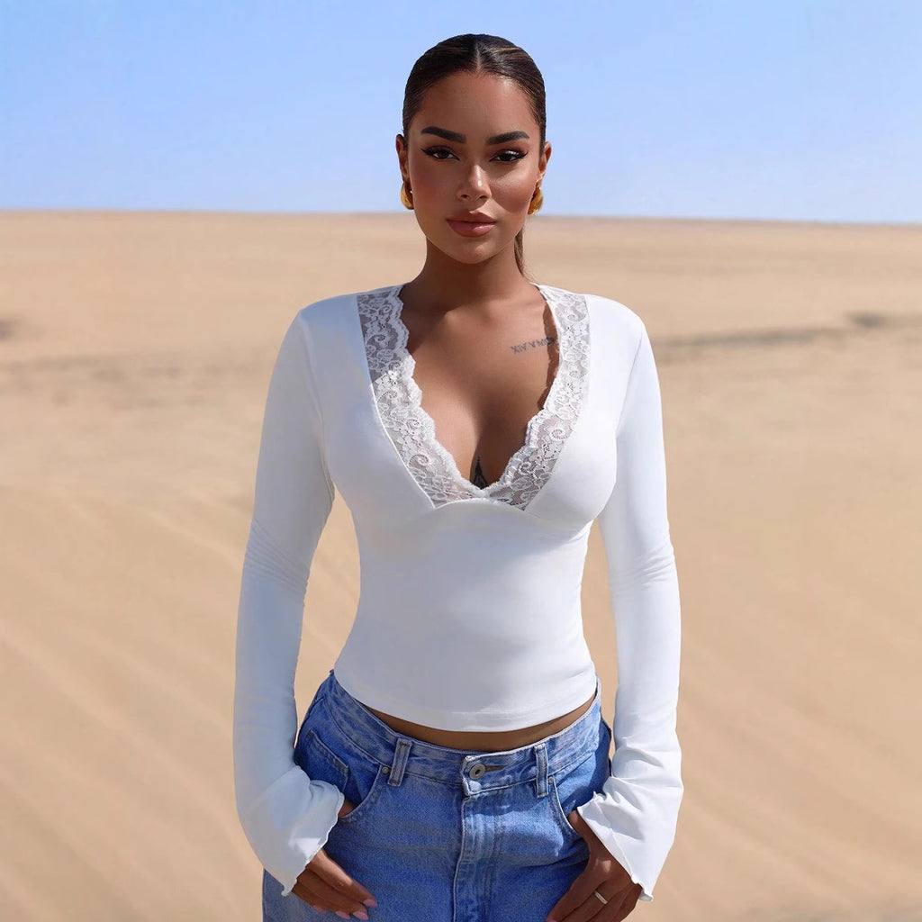 Women’s White Lace Patchwork V Neck Long Sleeve Top