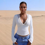 Women’s White Lace Patchwork V Neck Long Sleeve Top