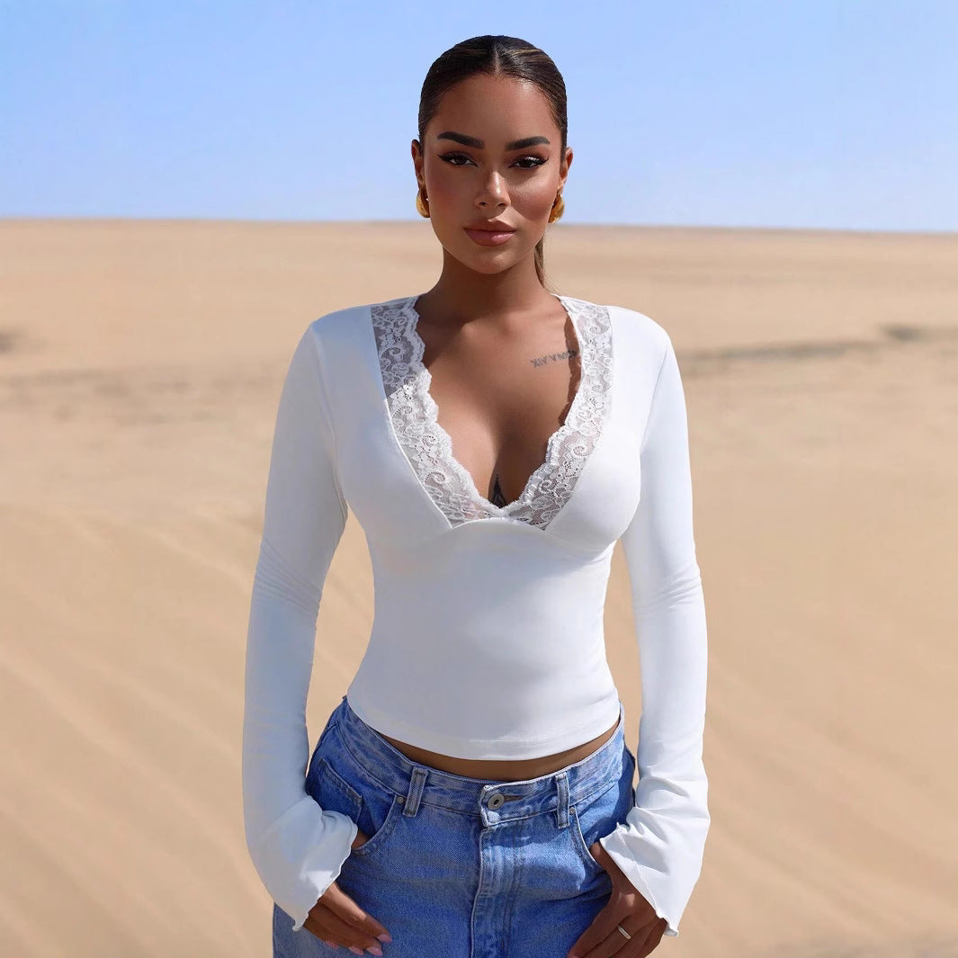Women’s White Lace Patchwork V Neck Long Sleeve Top