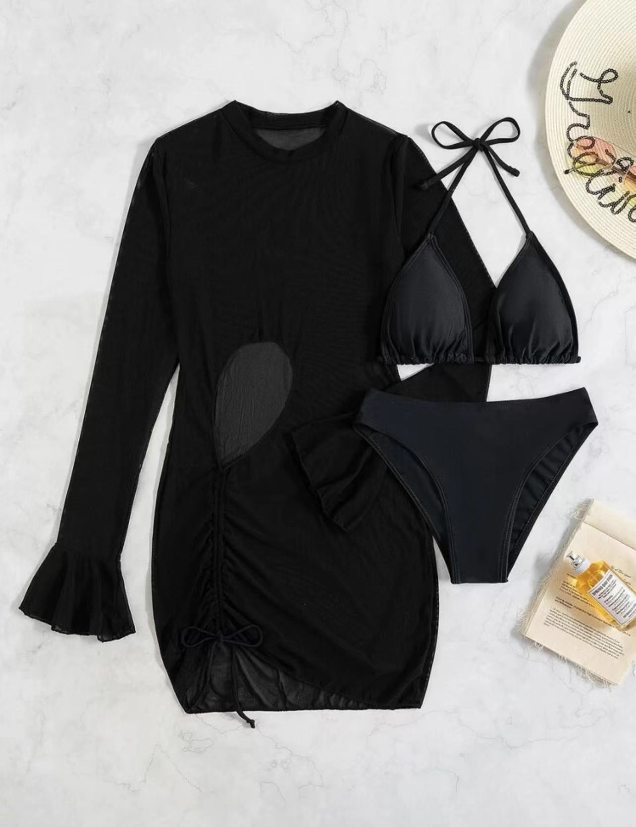 Black three-piece swimsuit set with sheer long-sleeve cover, triangle bikini top, and bottoms