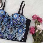 Women’s Blue Floral Embroidered Corset Crop Top