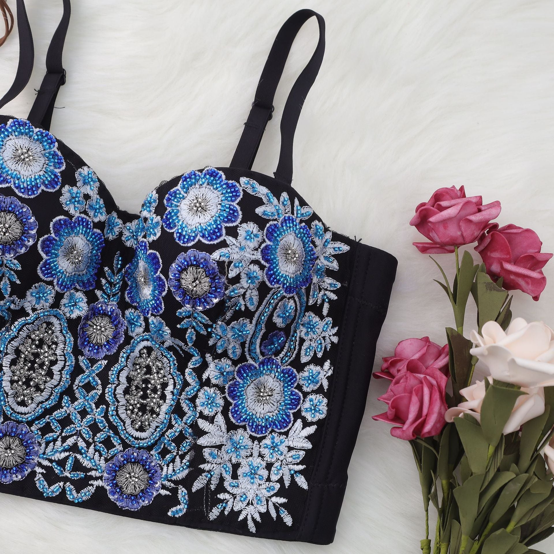 Women’s Blue Floral Embroidered Corset Crop Top