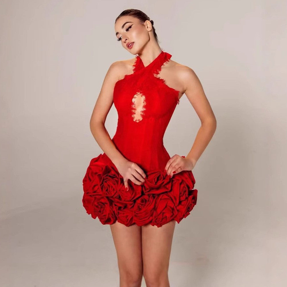 Sexy Halter Backless Lace Edge Red Floral Tight Party Bandage Mini Dress
