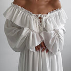 Drawstring V Neck Flared Sleeves Chiffon Dress