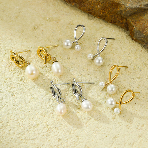 Retro Exquisite Elegant Stainless Steel Knotted Embellished Pearl Stud Earrings High Grade Earrings Earrings
