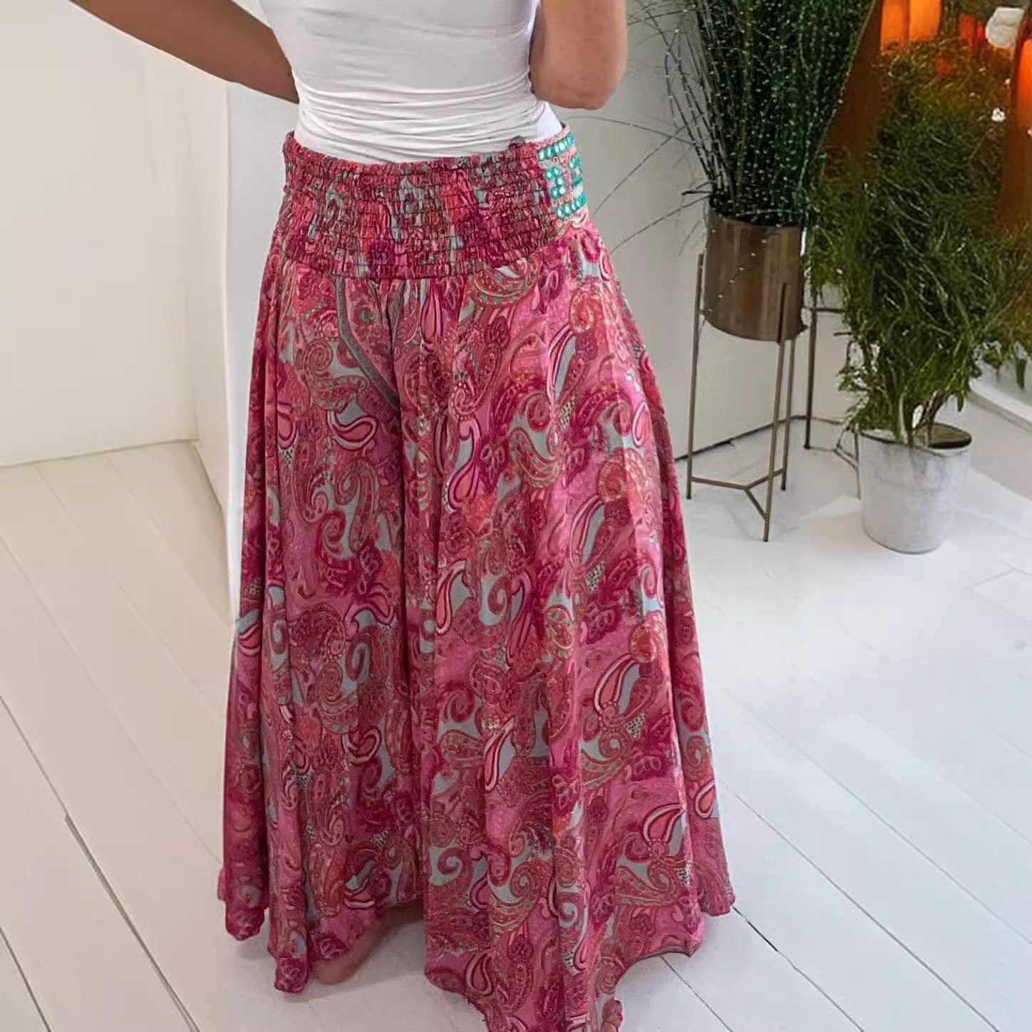 Summer Positioning Elastic Waist Wide Leg Pants Casual Pants for Women