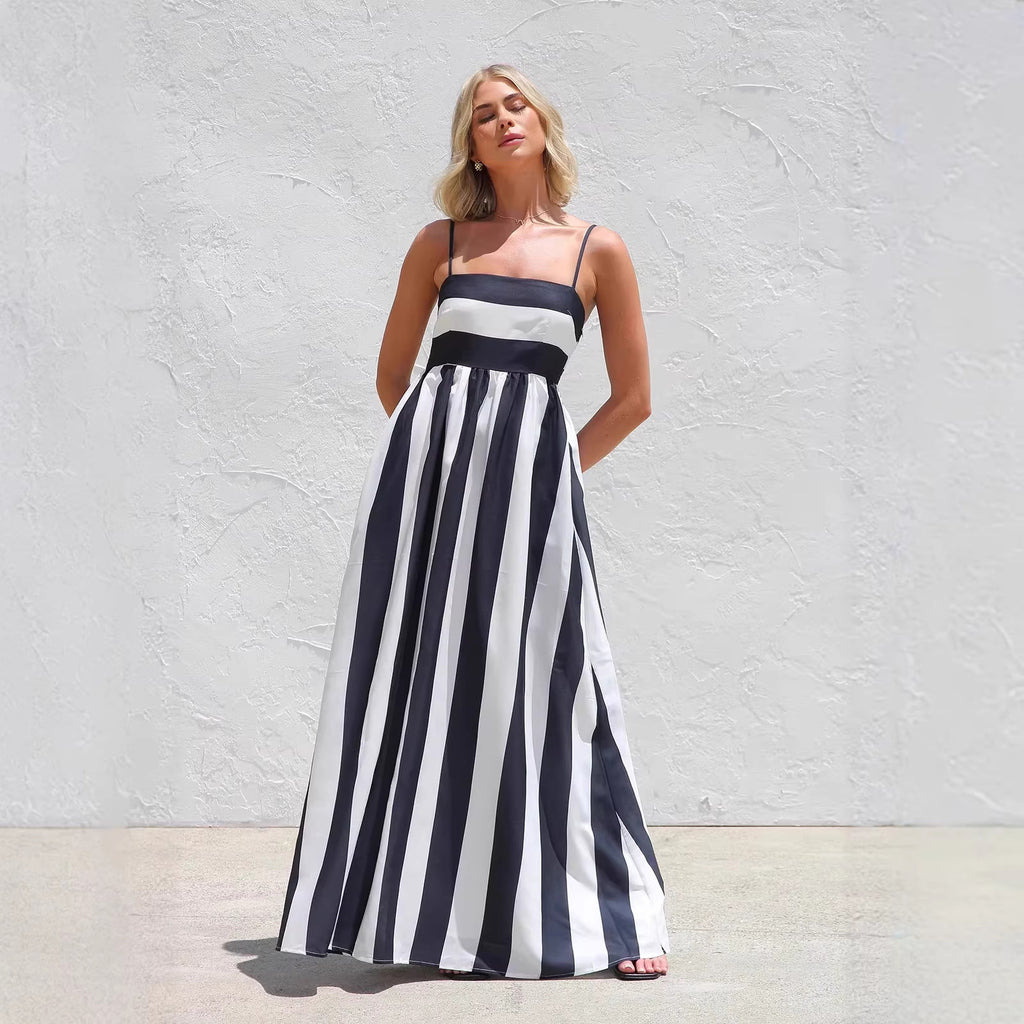 Summer Dress Striped Print off-Neck Strap Dress Women