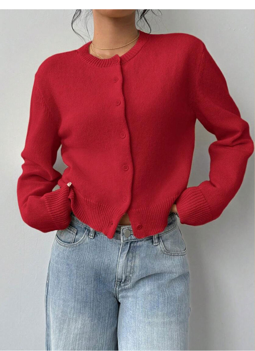Red knitted cardigan for women, round neck, button front, long sleeves