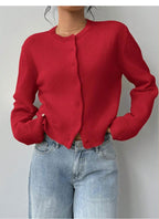 Red knitted cardigan for women, round neck, button front, long sleeves