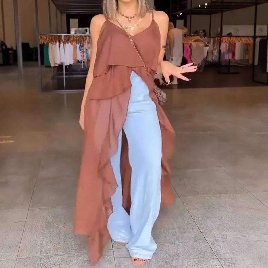 Women's Women Clothing Spring Summer Sexy V Neck Flounce Irregular Asymmetric Spaghetti Strap Dress