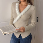 Women's Simple Cross V Neck Fur Collar Stitching Sweater For Women