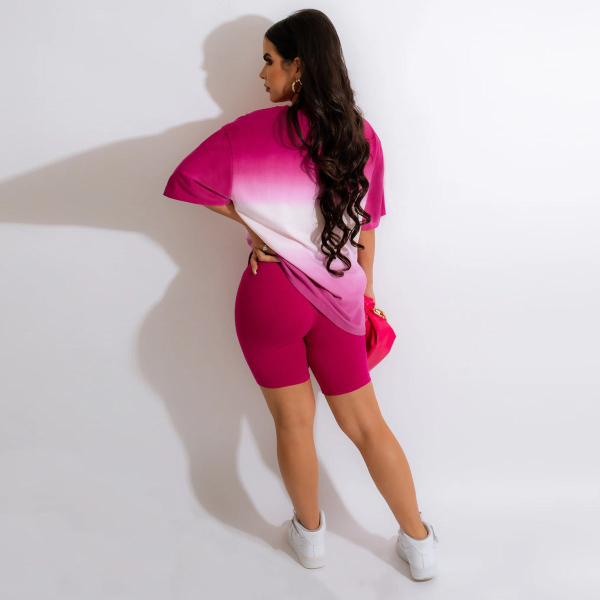 Women's Gradient Color Printed Short-Sleeve Summer Suit Slim T Shirt Shorts Two-Piece Set