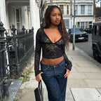 Women’s Black Sheer Lace V Neck Long Sleeve Top