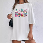 Women's Summer Ladies Casual All Match Round Neck Cartoon Beverage Printing Short Sleeve Loose T Shirt