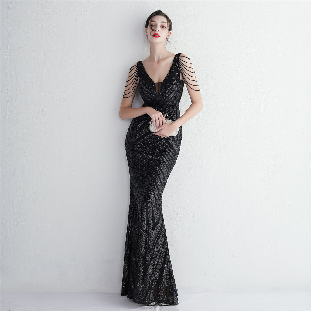 Women's Floral Beading Party Dress Long Banquet Slim Fit Evening Dress