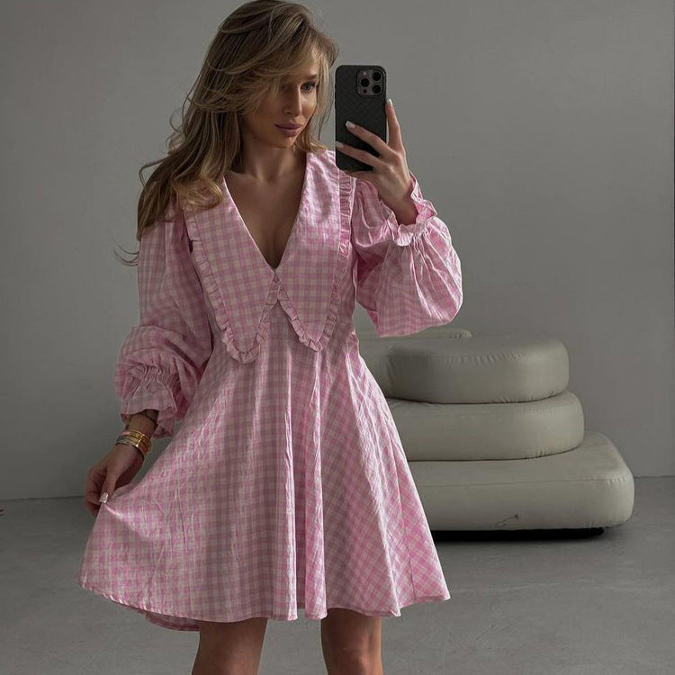 A line Dress Pink Plaid Butterfly Collar