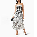 Strapless Floral Embroidered Tiered Midi Dress