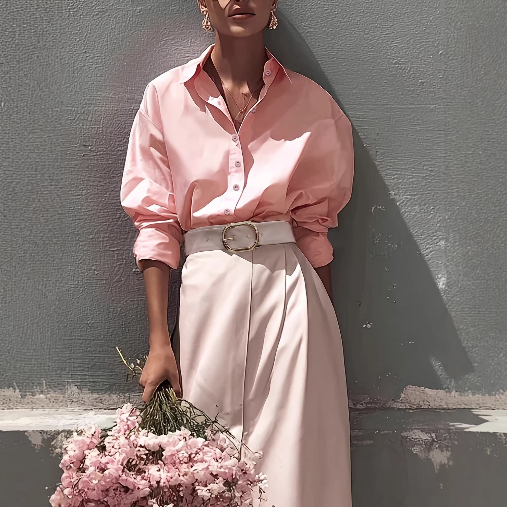 Women Pink Two Piece Set Loose Shirt High Slit Skirt Romantic Skirt Set