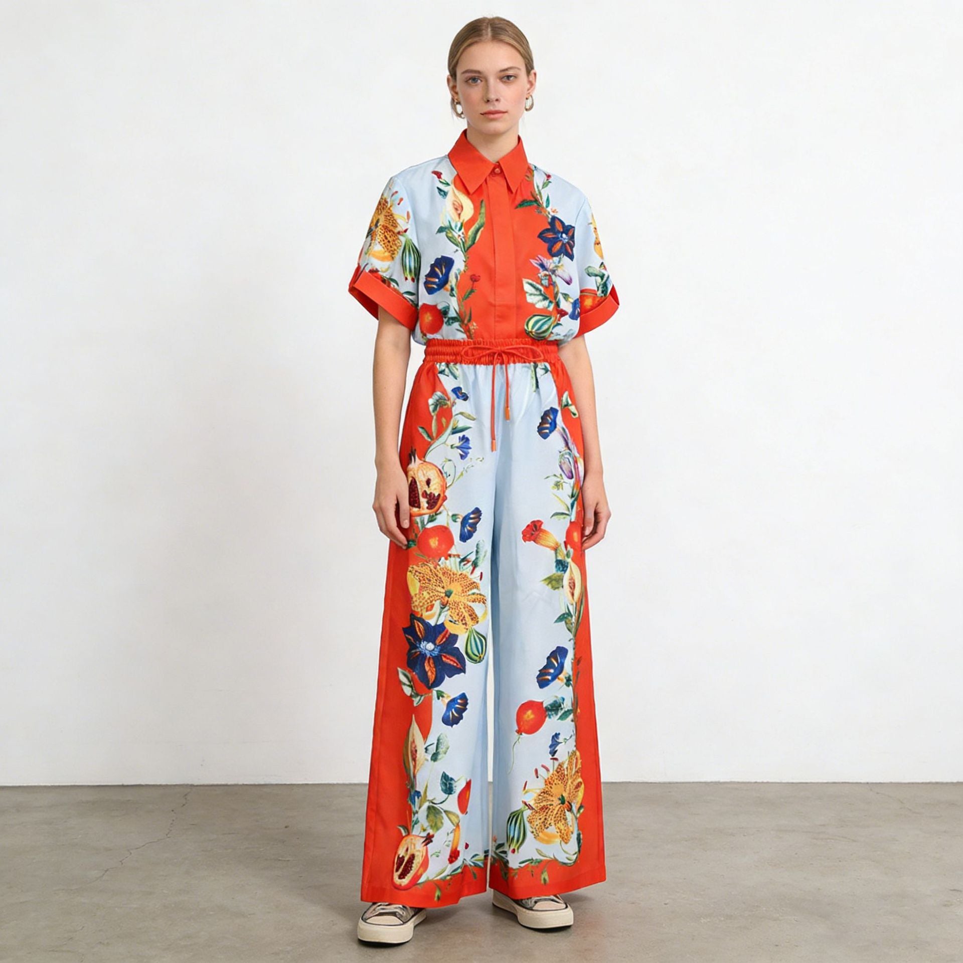 Vintage Print Short Sleeves Shirt Top HW Casual WL Pants
