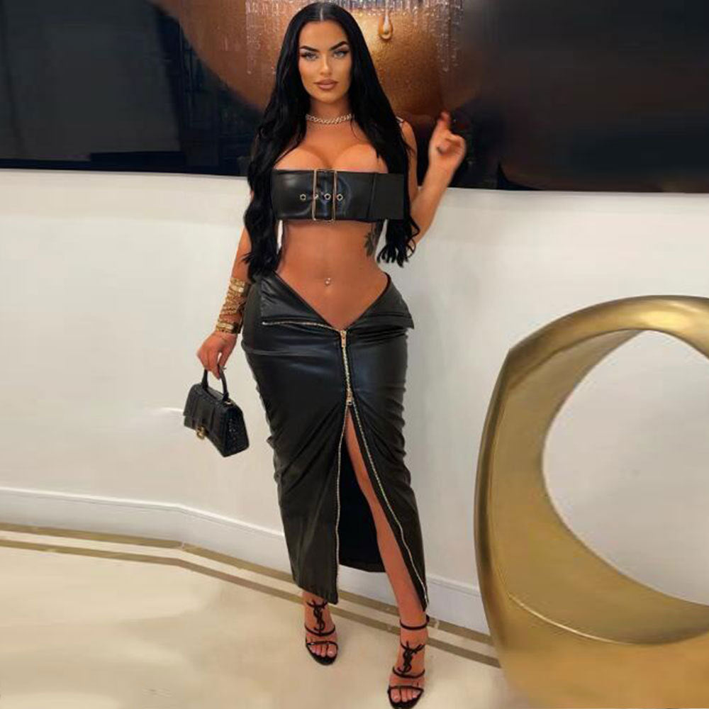 Women's Leather Metal-Buckle Two-Piece Skirt Set