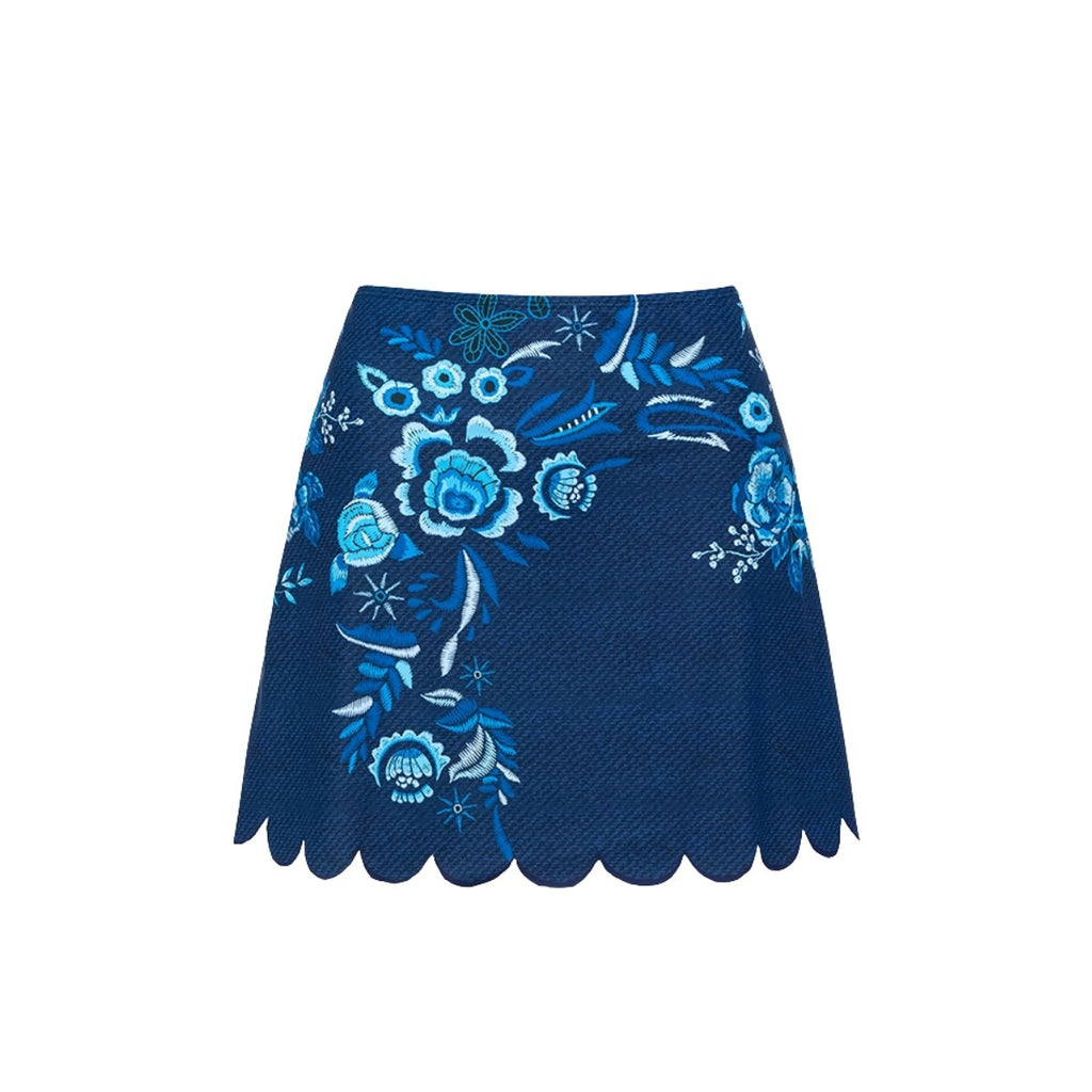 Blue floral swim skirt bottom with scalloped hem