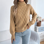 Women's Cable-Knit Turtleneck Sweater With Puff Sleeves