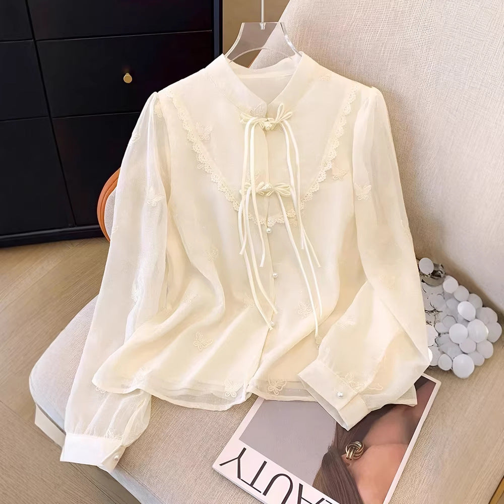 Women's Spring Summer Chinese Wild Stitching Lace Long Sleeve Shirt