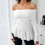Women’s White Ruffle Off Shoulder Boat Neck Top