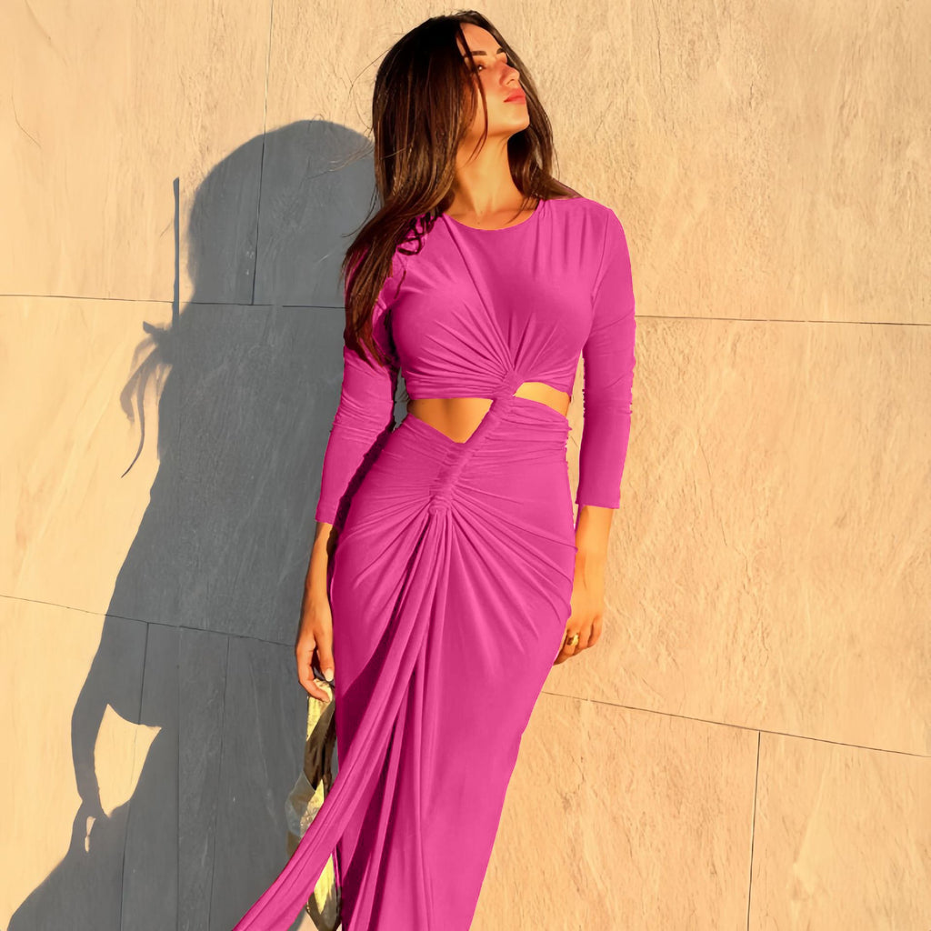 Women's Coral Red Long-Sleeve High-Slit Maxi Dress