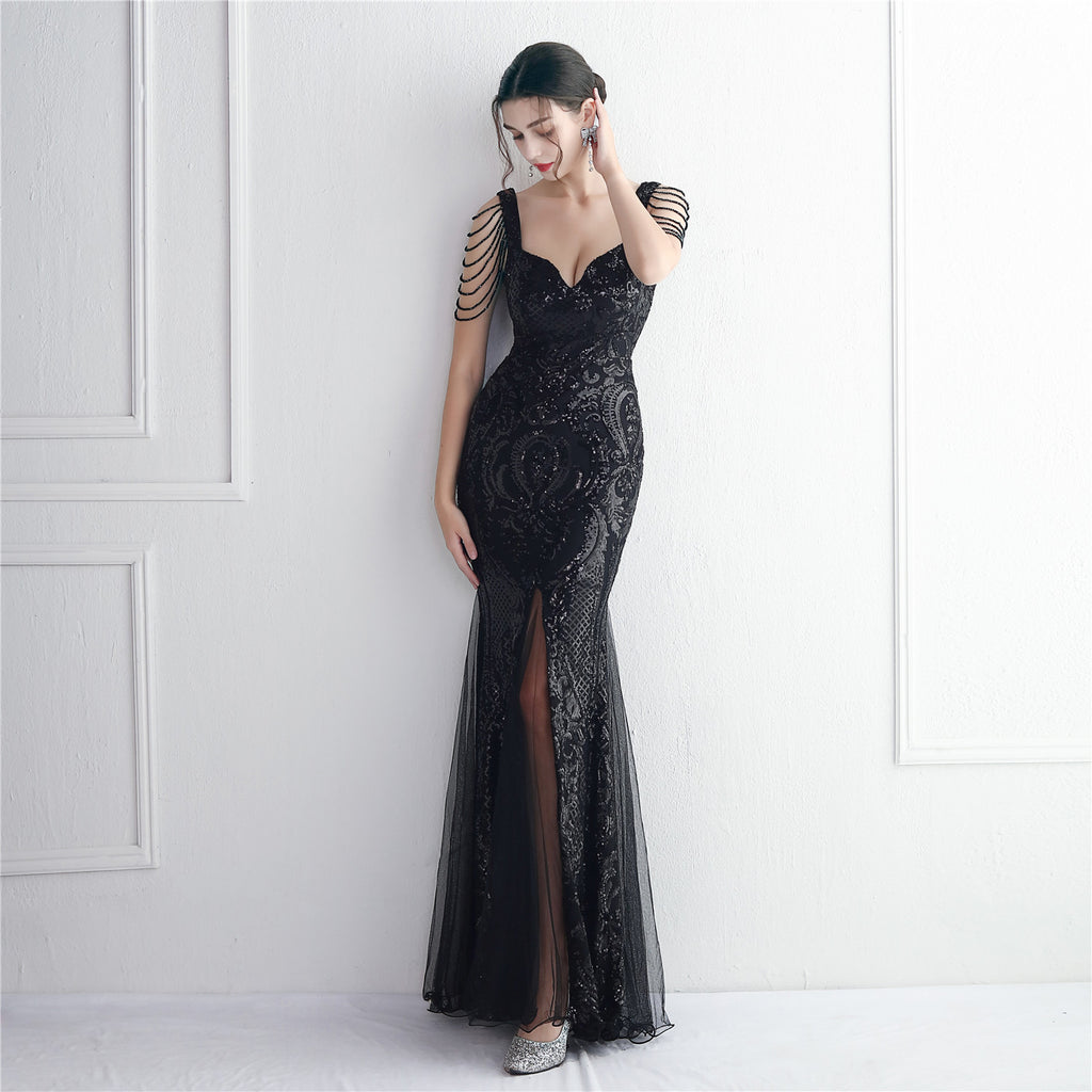 Women's Sequin Mesh Beaded Party Dress Long Cocktail Slim Fit Evening