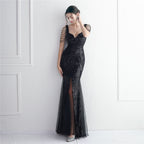 Women's Sequin Mesh Beaded Party Dress Long Cocktail Slim Fit Evening