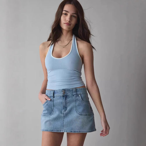 Double Button High Waist Slim Denim Skirt Women Denim Skirt