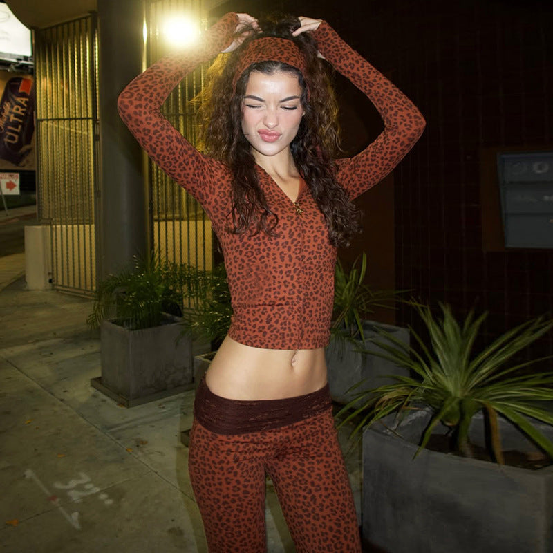 Leopard Print Hooded Headscarf Design Sweater Stitching Lace Long Bell Bottom Pants Sets