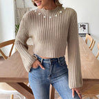 Women Short Cropped Top Beaded Woven Sweater Autumn Winter Bell Sleeve Half Turtleneck Pullover Sweater