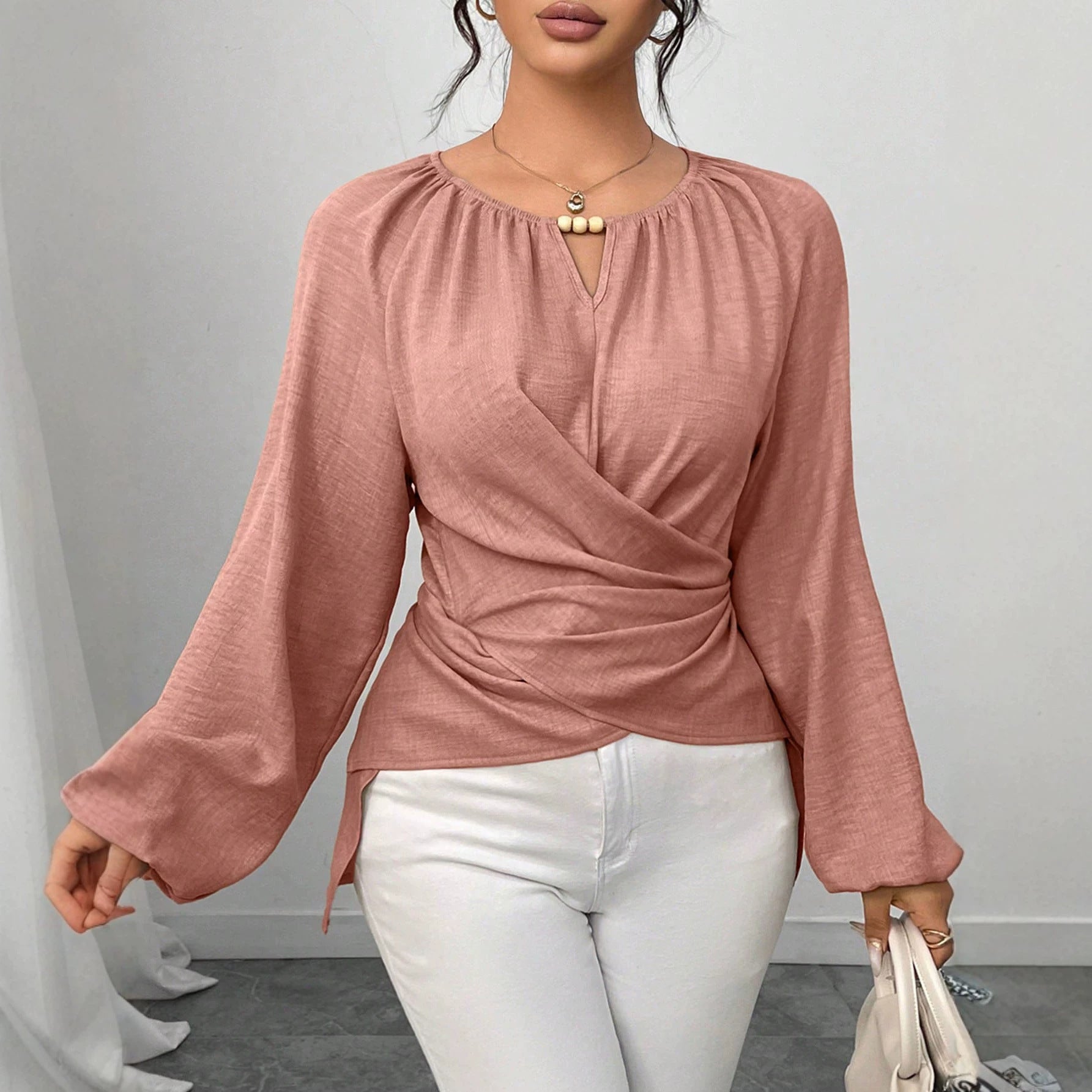 Fall Women Clothing Long Sleeved Shirt round Neck Lace up