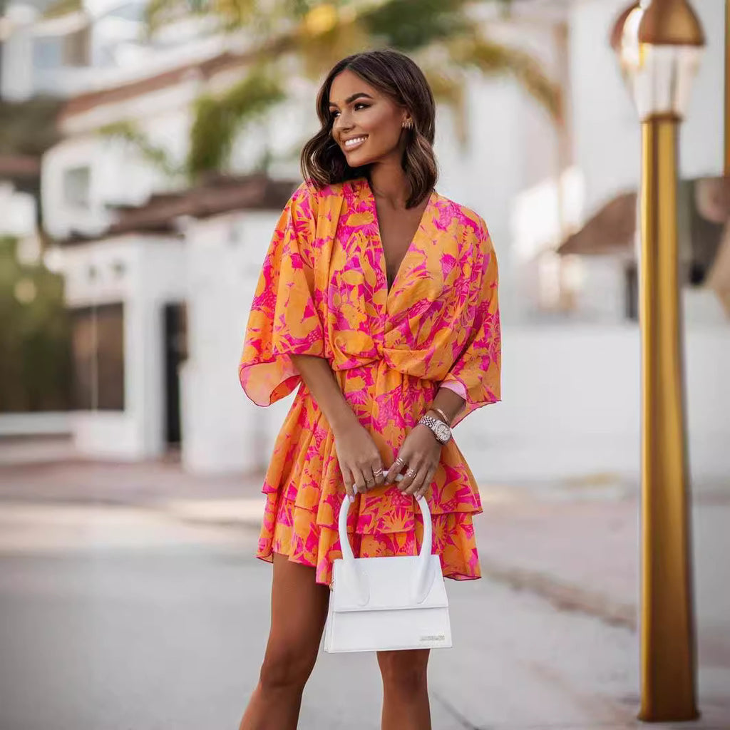 V-Neck Printed Waist Controlled Batwing Sleeve Half-Length Sleeve Dress