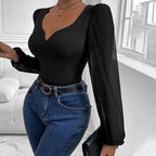 Women's Black Mesh V-Neck Long Sleeve Jumpsuit