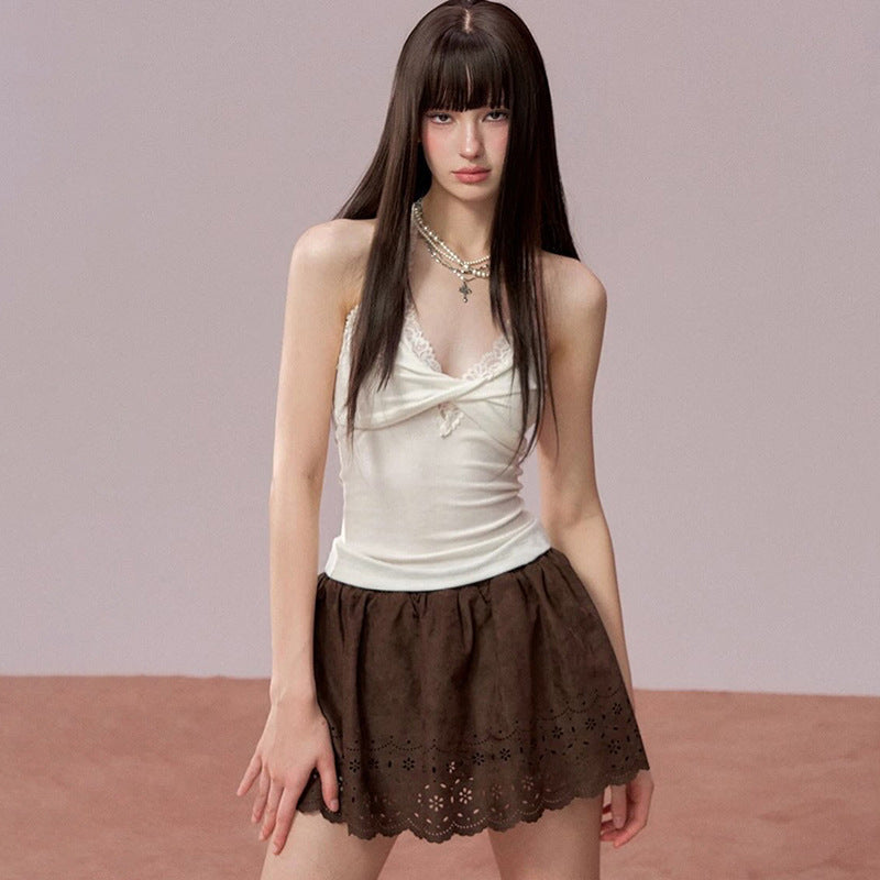 's Clothes Lace Edge Slim Short Halter Spaghetti Straps Vest Top