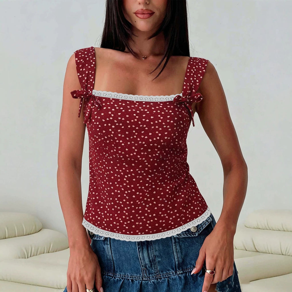 Sweet Spicy Polka Dot Square Collar Vest Lace Slingback Bow