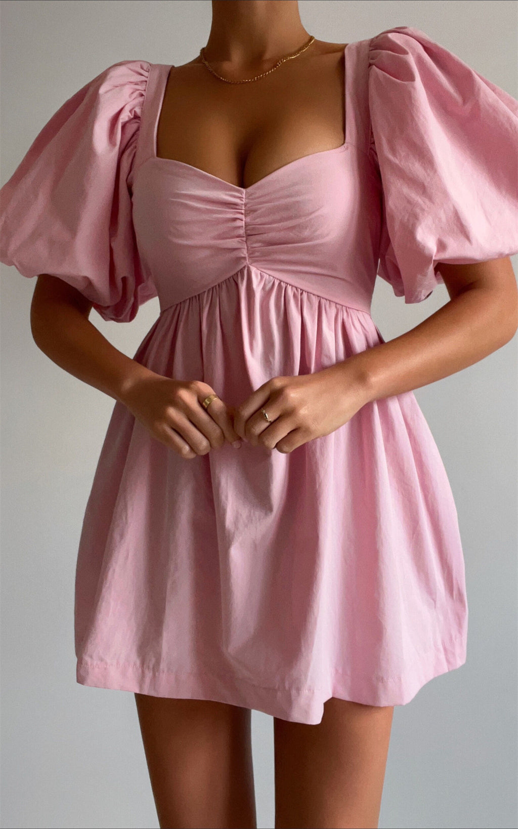 Women's Cotton V-Neck Puff-Sleeve Mini Dress