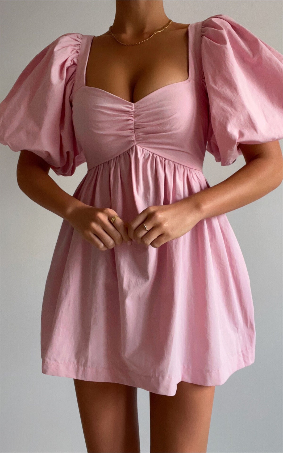 Women's Cotton V-Neck Puff-Sleeve Mini Dress
