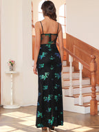Women's Green Floral Sequin V-Neck Slit Maxi Dress