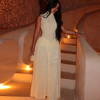 Cocktail Waist A line Dress High Collar Solid Color Maxi Dress