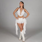 Women Clothing Summer Halter Swing Collar Tied Top Faux Two Pieces Ruffled Set