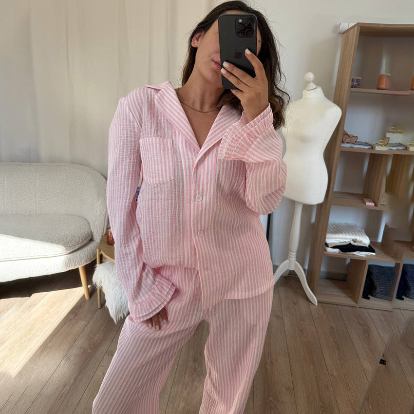Spring Summer Double Layer Wrinkle Yarn Cotton Skin Friendly Striped Long Sleeve Seamed Lotus Leaf Edge Trousers Set Home Wear