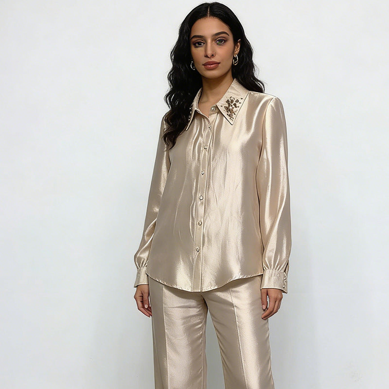 Women's Casual Loose Diamond-Studded Design Shirt For Women Spring Lazy Long Sleeve Top