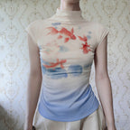 Women’s Ivory Goldfish Graphic Stand Collar T Shirt