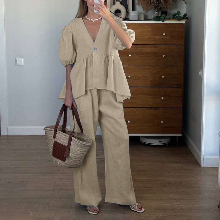 Puff-Sleeve Cardigan & Wide-Leg Pants Set