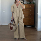 Puff-Sleeve Cardigan & Wide-Leg Pants Set